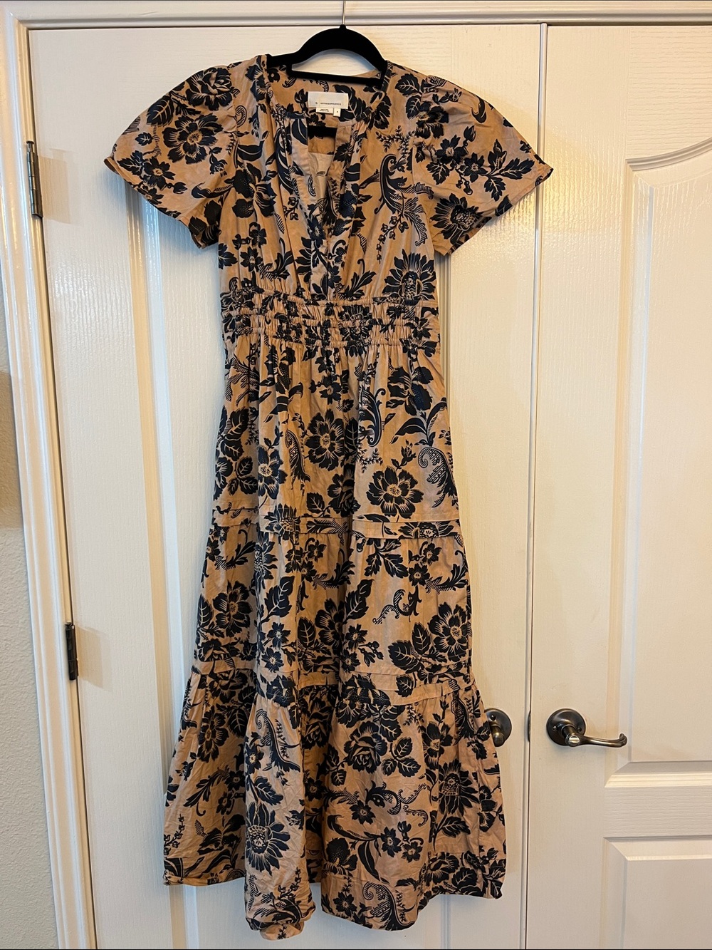 Anthropologie Beige Maxi Dress with Black Floral Print